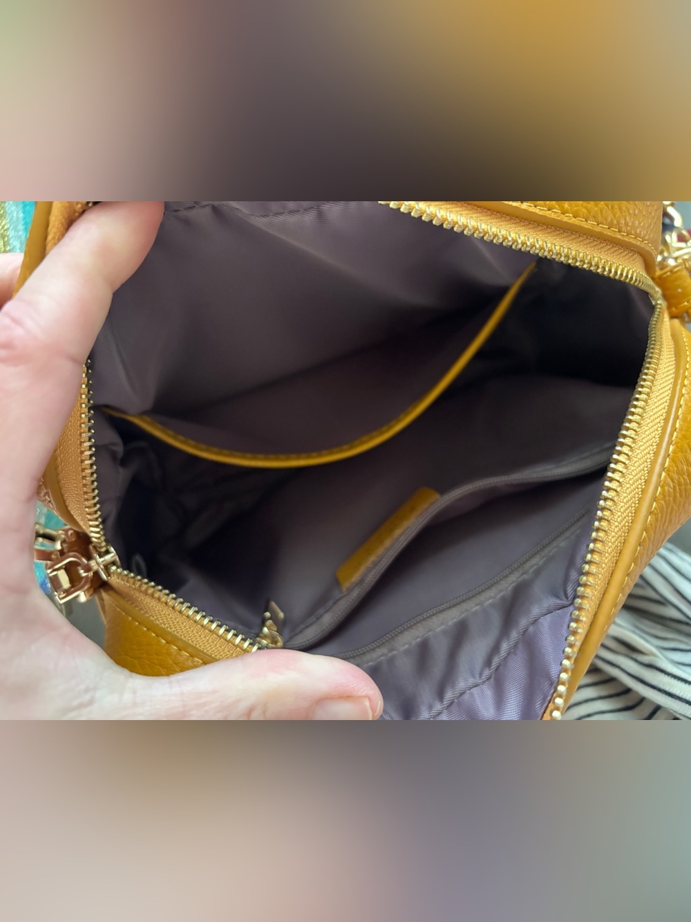 Compact Mustard Yellow Pebbled Leather Crossbody Bag with Gold Hardware - Picture 3 of 9
